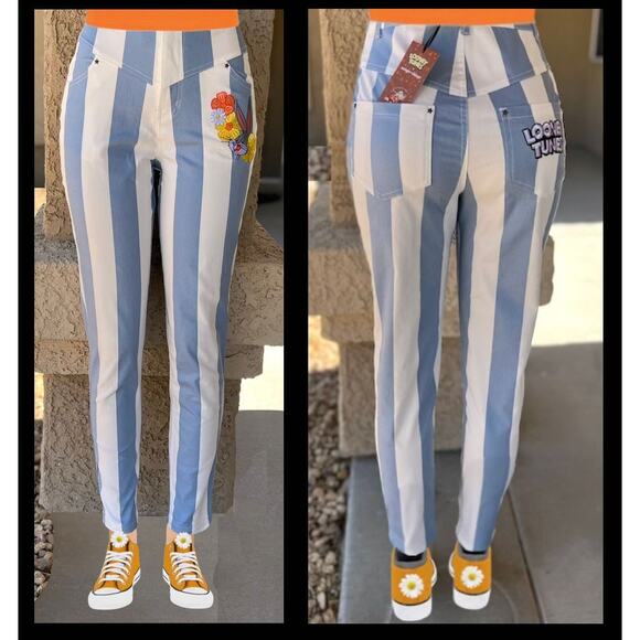 Looney Tunes X Unique Vintage Blue Striped Bugs Bunny Skinny Jeans Size 6-8 M - Picture 7 of 9